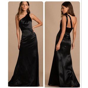 Lulus womens L Maxi Dress On the Guest List Black Satin One-Shoulder Sleeveless